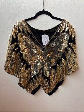 70s gold sequince butterfly blouse